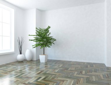 Beyaz minimalist oda içi. İç kısımları kuzeyli. 3B illüstrasyon