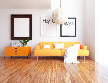 Mobilyalı beyaz minimalist oda. İç kısımları kuzeyli. 3B illüstrasyon