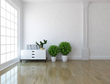 Beyaz minimalist oda içi. İç kısımları kuzeyli. 3B illüstrasyon