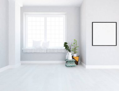 Beyaz minimalist oda içi. İç kısımları kuzeyli. 3B illüstrasyon
