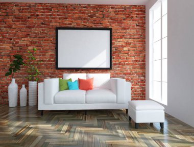 İskandinav odasının içi mobilyalarla dolu. Arkaplan iç mimarisi. İç kısımları kuzeyli. 3B illüstrasyon