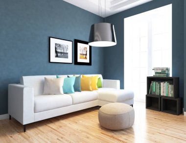 İskandinav odasının içi mobilyalarla dolu. Arkaplan iç mimarisi. İç kısımları kuzeyli. 3B illüstrasyon