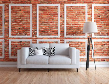 İskandinav odasının içi mobilyalarla dolu. Arkaplan iç mimarisi. İç kısımları kuzeyli. 3B illüstrasyon