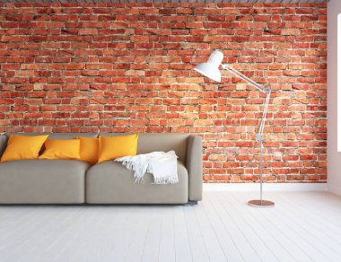 İskandinav odasının içi mobilyalarla dolu. Arkaplan iç mimarisi. İç kısımları kuzeyli. 3B illüstrasyon