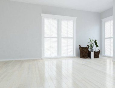 Mobilyalı beyaz minimalist oda. İç kısımları kuzeyli. 3B illüstrasyon