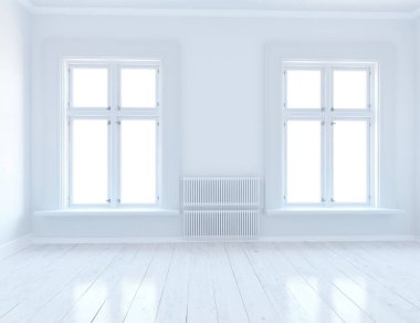 Beyaz minimalist oda içi. İç kısımları kuzeyli. 3B illüstrasyon