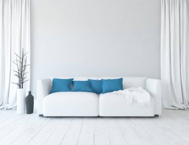 Mobilyalı beyaz minimalist oda. İç kısımları kuzeyli. 3B illüstrasyon