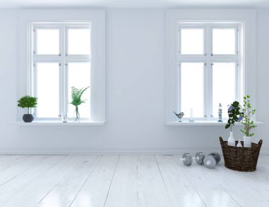 Beyaz minimalist oda içi. İç kısımları kuzeyli. 3B illüstrasyon