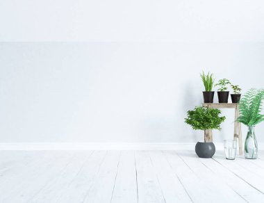 Beyaz minimalist oda içi. İç kısımları kuzeyli. 3B illüstrasyon