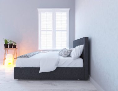 İskandinav odasının içi mobilyalarla dolu. Arkaplan iç mimarisi. İç kısımları kuzeyli. 3B illüstrasyon