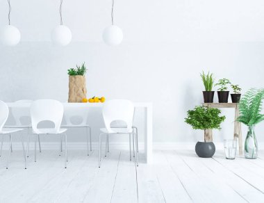 Mobilyalı beyaz minimalist oda. İç kısımları kuzeyli. 3B illüstrasyon