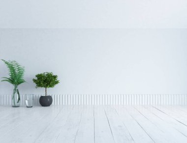 Beyaz minimalist oda içi. İç kısımları kuzeyli. 3B illüstrasyon