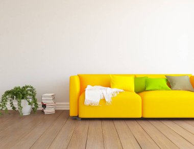 Mobilyalı beyaz minimalist oda. İç kısımları kuzeyli. 3B illüstrasyon