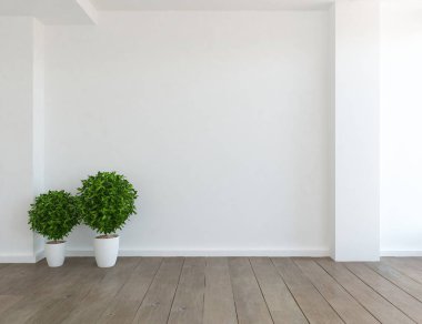 Beyaz minimalist oda içi. İç kısımları kuzeyli. 3B illüstrasyon
