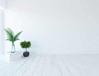 Beyaz minimalist oda içi. İç kısımları kuzeyli. 3B illüstrasyon