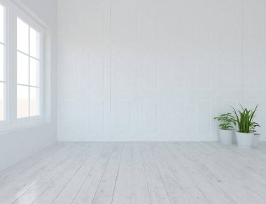 Beyaz minimalist oda içi. İç kısımları kuzeyli. 3B illüstrasyon