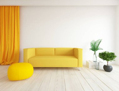 Mobilyalı beyaz minimalist oda. İç kısımları kuzeyli. 3B illüstrasyon