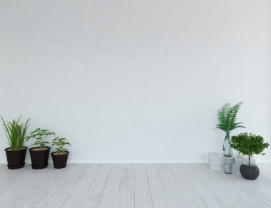 Beyaz minimalist oda içi. İç kısımları kuzeyli. 3B illüstrasyon