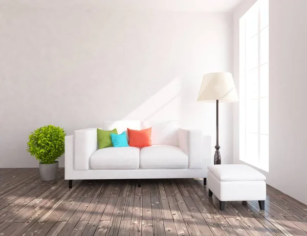 Interior Ruangan Minimalis Putih Dengan Furnitur Rumah Pedalaman Nordik Ilustrasi — Stok Foto