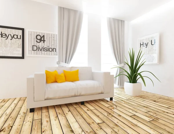 White minimalist room interior with furniture. Home nordic interior. 3D illustration