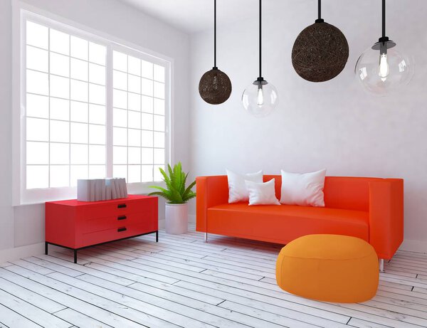 Белый минималистский интерьер комнаты с мебелью. Дом нордический интерьер. 3D иллюстрация
