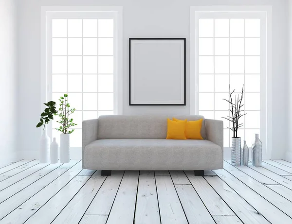 Intérieur Minimaliste Blanc Avec Mobilier Intérieur Nordique Illustration — Photo