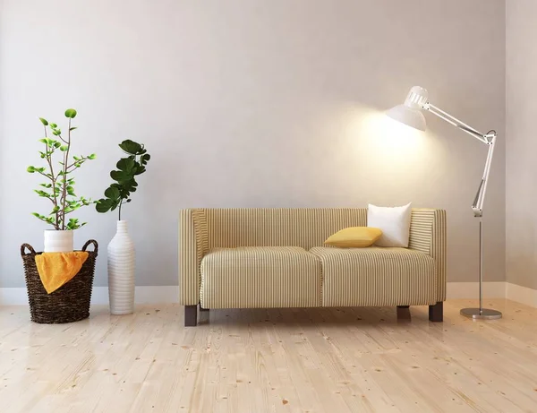 家具付きの白いミニマリストルームインテリア 家の北欧インテリア 3Dイラスト — ストック写真
