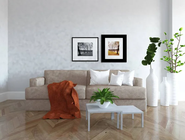 关于用家具装饰室内丑闻的想法 背景内部 家里的北欧内陆 3D插图 — 图库照片