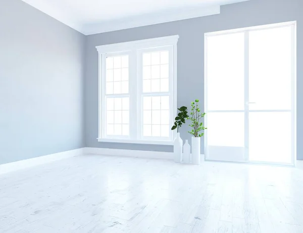 白色简约的房间内部 家里的北欧内陆 3D插图 — 图库照片
