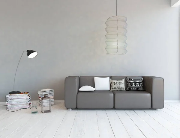 White minimalist room interior with furniture. Home nordic interior. 3D illustration