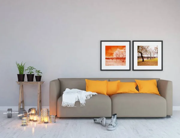 Idea of scandinavian room interior with furniture. Background interior. Home nordic interior. 3D illustration
