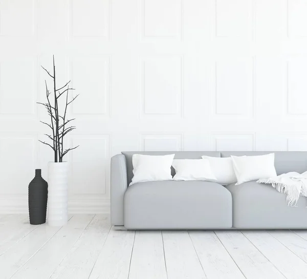 Λευκό Μινιμαλιστικό Δωμάτιο Εσωτερικό Έπιπλα Σπίτι Σκανδιναβικό Εσωτερικό Απεικόνιση — Φωτογραφία Αρχείου