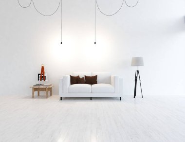 Mobilyalarla dolu minimalist bir oda. İç mekan. 3B illüstrasyon