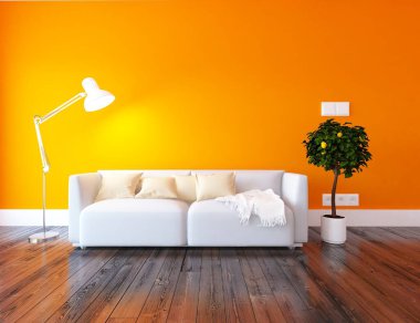 Mobilyalarla dolu minimalist bir oda. İç mekan. 3B illüstrasyon