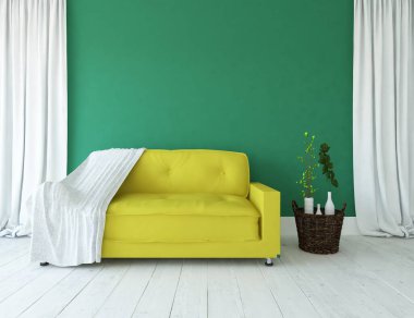 Mobilyalarla dolu minimalist bir oda. İç mekan. 3B illüstrasyon