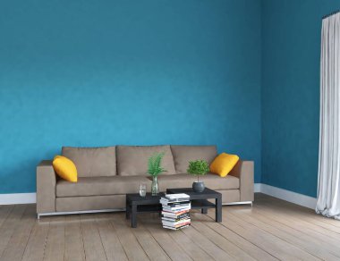 Mobilyalarla dolu minimalist bir oda. İç mekan. 3B illüstrasyon