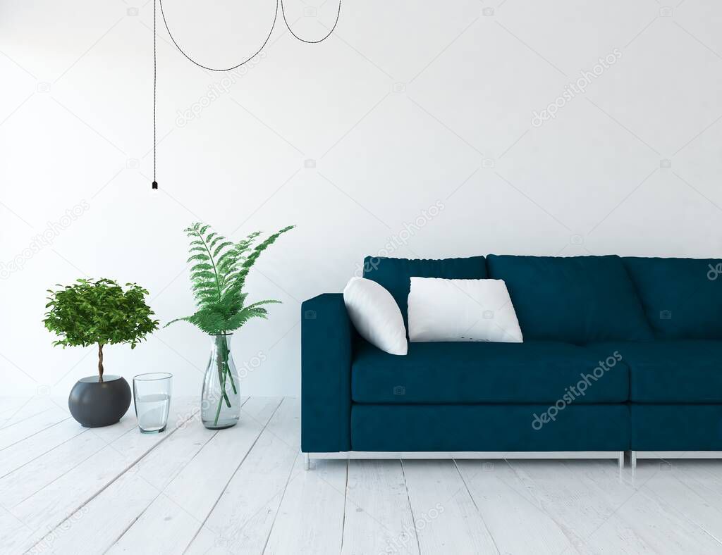 Minimalist room interior with furniture. Home interior. 3D illustration