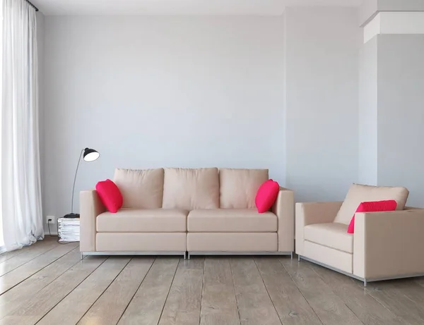 Minimalist room interior with furniture. Home interior. 3D illustration