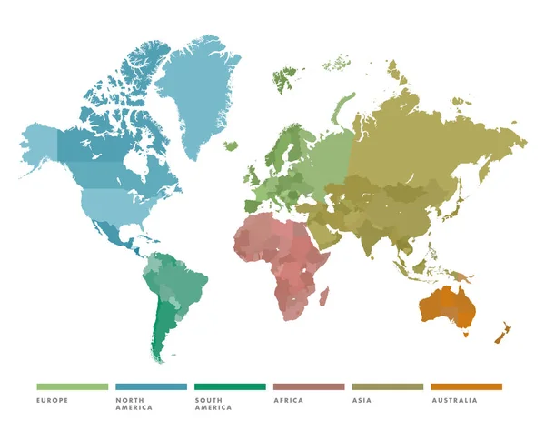 Mapa Světa Kontinentem Různých Barvách Vektorové Ilustrace — Stockový vektor
