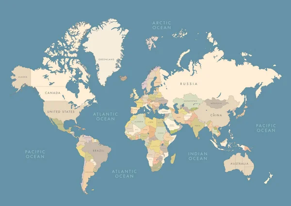 高度详细的世界地图与标签。不同的国家 — 图库矢量图片