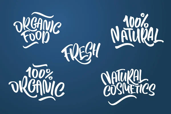 Lettering Set Natural Products Green Colors Handwritten Logo Fresh Organic — Stock Vector