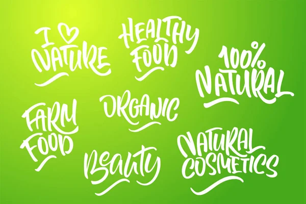 Set Lettering Prodotti Naturali Colori Verdi Logo Manoscritto Amo Natura — Vettoriale Stock