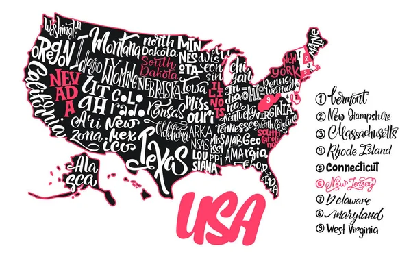 ABD Haritası elle yazılmış adları devletler - Texas, California, Iowa, Hawaii, New York, vb ile silüeti. ABD harita arka plan üzerinde yazı el yazısı. Benzersiz vektör tipografi poster