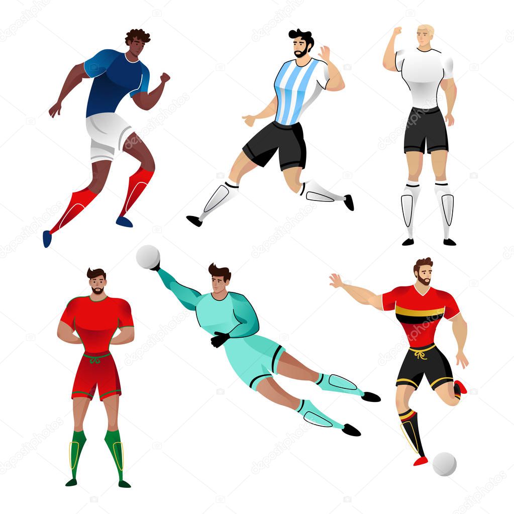 Football players from France, Argentina, Germany, Spain, Portugal and Belgium isolated on a white background. Colorful  illustration of soccer players. Vector illustration of goalkeeper. world cup