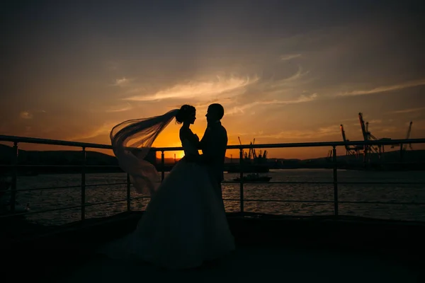 Silhouette di sposa e sposo in piedi su sfondo città notte e teneramente guardando l'un l'altro al tramonto. Concetto di amore e famiglia, sposi novelli il giorno del matrimonio. Concetto di matrimonio . — Foto Stock