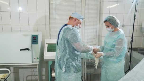 Хирург надевает чистые перчатки перед операцией, медсестра помогает врачу надеть их. Врачи готовятся к работе с пациентом. Современная медицина. Медицинский специалист готовится к — стоковое видео