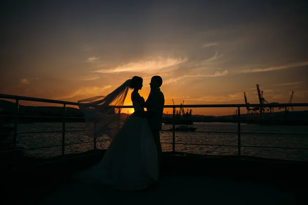Silhouette di sposa e sposo in piedi su sfondo città notte e teneramente guardando l'un l'altro al tramonto. Concetto di amore e famiglia, sposi novelli il giorno del matrimonio. Concetto di matrimonio . — Foto Stock