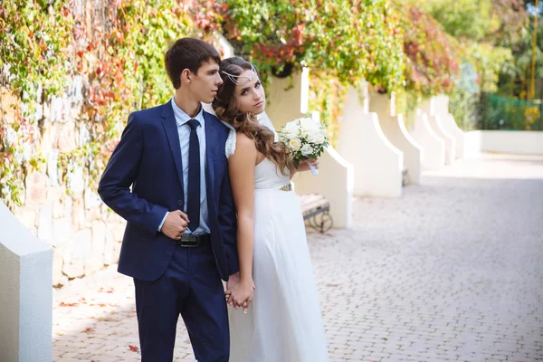 Recién casados pasean por el parque blanco como la nieve, admiran los alrededores, se toman de la mano. El hombre está vestido con un traje estricto, una chica con un vestido de novia blanco y un ramo de rosas . — Foto de Stock