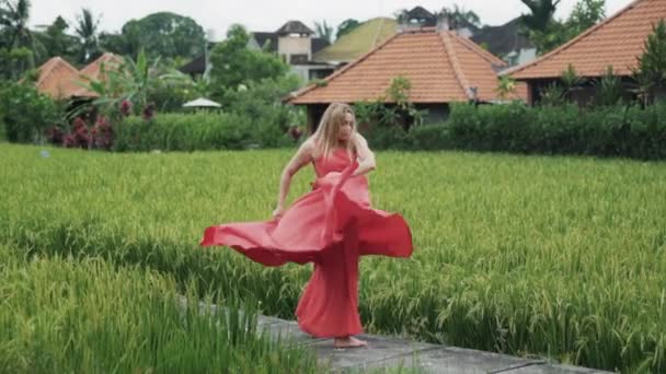 La joven bailarina de tiro lento realiza un apasionado baile emocional en el campo de arroz, con una vista de las casas balinesas bajas con un techo naranja. La chica baila en un vestido largo rojo, agitando una exuberante falda — Vídeos de Stock