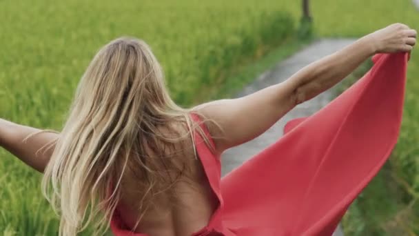 Detail mladý krásná dívka s lehký make-up a volné rozcuchané blond vlasy smršť kolem v přírodě, v jedné ruce držel červenou sukni tkanina se táhne ve větru, z druhé ruky — Stock video